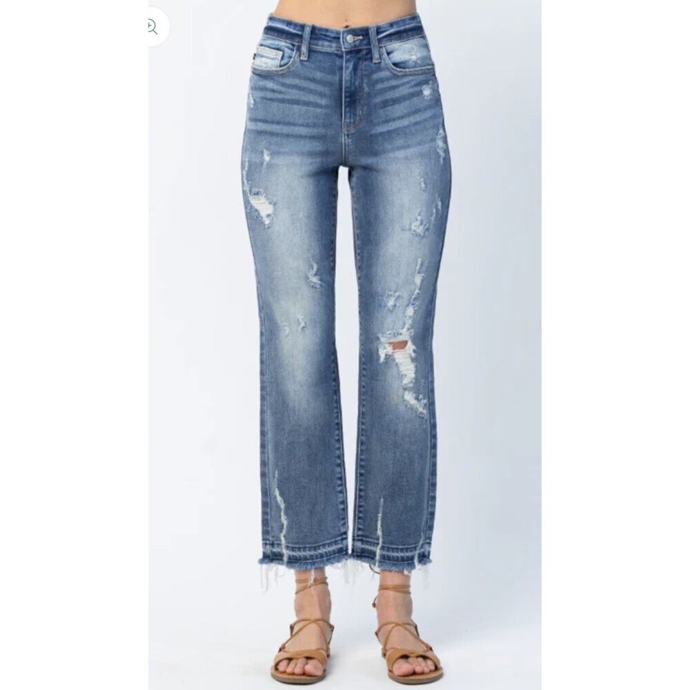 Judy Blue 7/28 High Rise Released Hem Straight Leg Ankle Distressed Denim Jeans